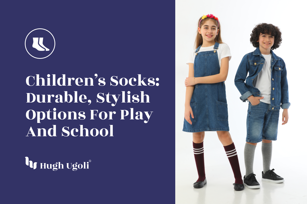 Children wearing maroon and grey Hugh Ugoli knee-high socks, ideal for both play and school, highlighting durability and style.